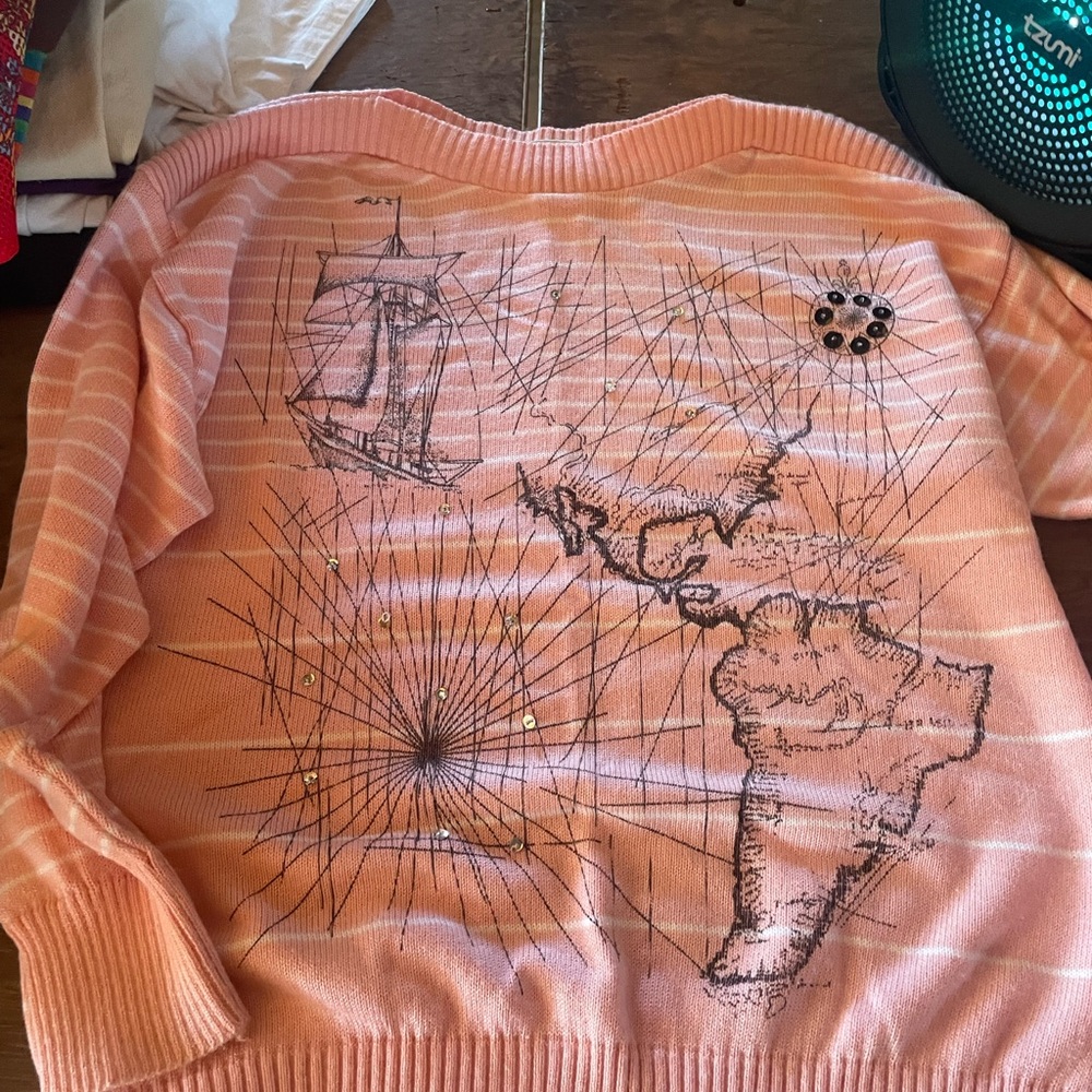 Striped Peach Sweater with Map Design